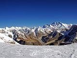 13 07 Kangtega, Cho Oyu, Gyachung Kang, Pumori, Malanphulan and Ama Dablam, Nuptse, Everest, Lhotse, Lhotse Middle, Lhotse Shar, Peak 38, Shartse, Peak 41 From Mera Peak Eastern Summit The view from Mera Peak is one of the best in the world with five of the world's six highest mountains visible. From the west, the view included Kangtega, Cho Oyu (#6), Gyachung Kang, Pumori, Malanphulan, Ama Dablam, Nuptse, Everest (#1), Lhotse (#4), Lhotse Middle and Lhotse Shar, Peak 38, Shartse, Peak 41, and Baruntse.